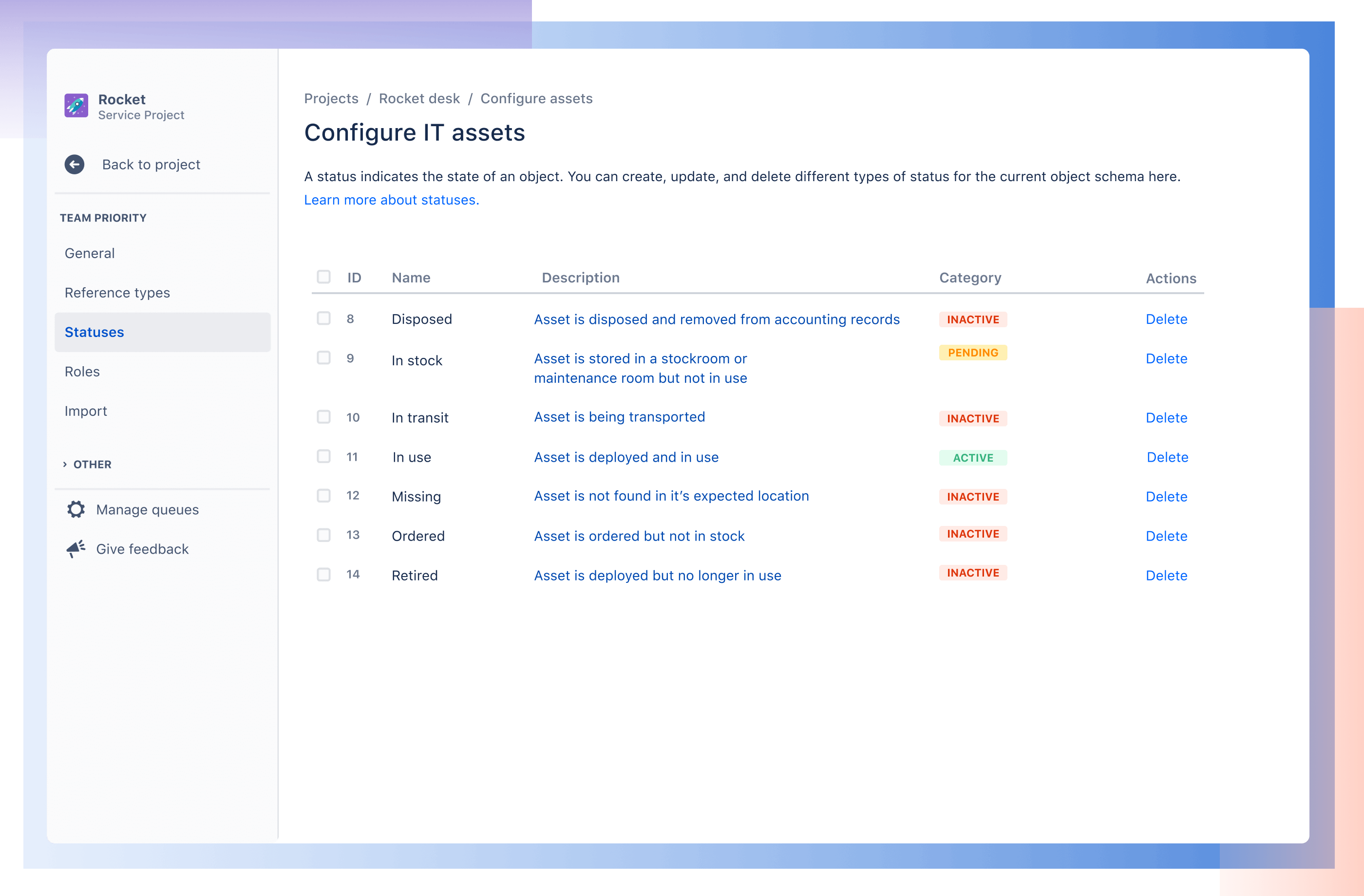 Dashboard di configurazione delle risorse IT in Jira Service Management. Tabella che mostra l'ID, il nome e la descrizione delle risorse.