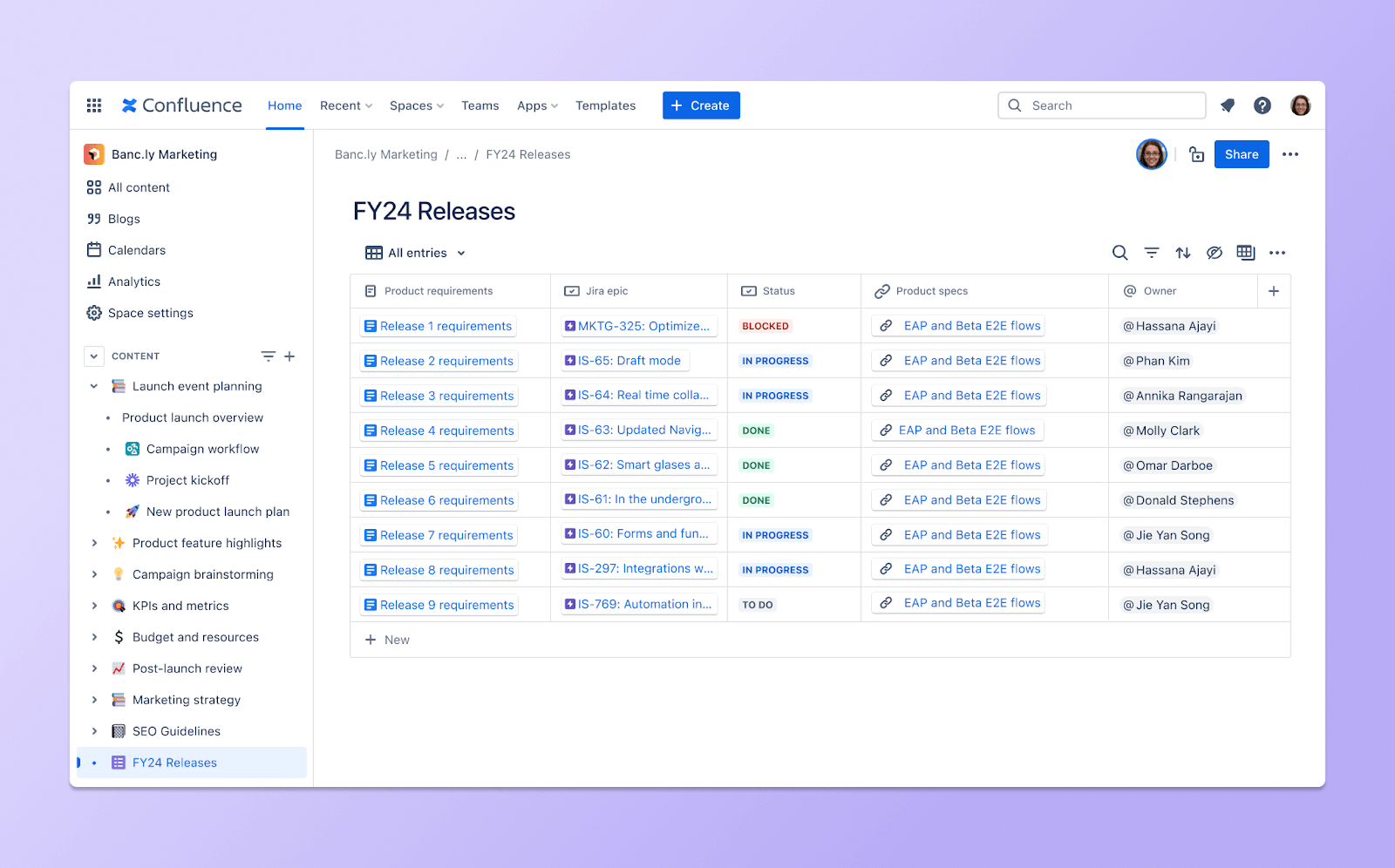 Screenshot dei database di Confluence.