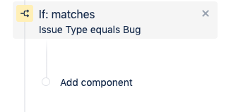次に、特定のユーザー グループにバグを割り当てるアクションを追加します。自動化ルールの要約が表示されている左側のサイドバーで [If:matches (If:一致)] 条件の下にある [Add component (コンポーネントを追加)] テキストをクリックします。