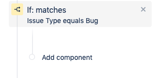 Successivamente, aggiungi un'azione che assegna bug a un determinato gruppo di utenti. Nella barra laterale sinistra, che contiene un riepilogo della regola di automazione, clicca sul testo Aggiungi componente sotto la condizione Se:corrisponde a.