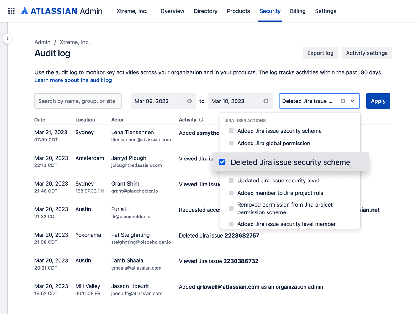 Log de auditoria no hub de administração Atlassian com a visão das ações de permissão global do Jira