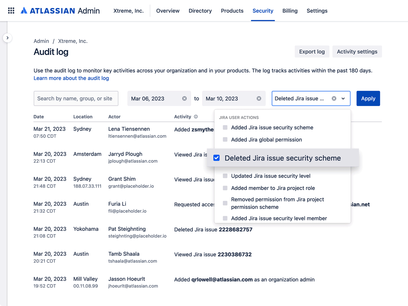 Un journal d'audit dans le hub d'administration Atlassian avec vue des actions d'autorisations globales de Jira