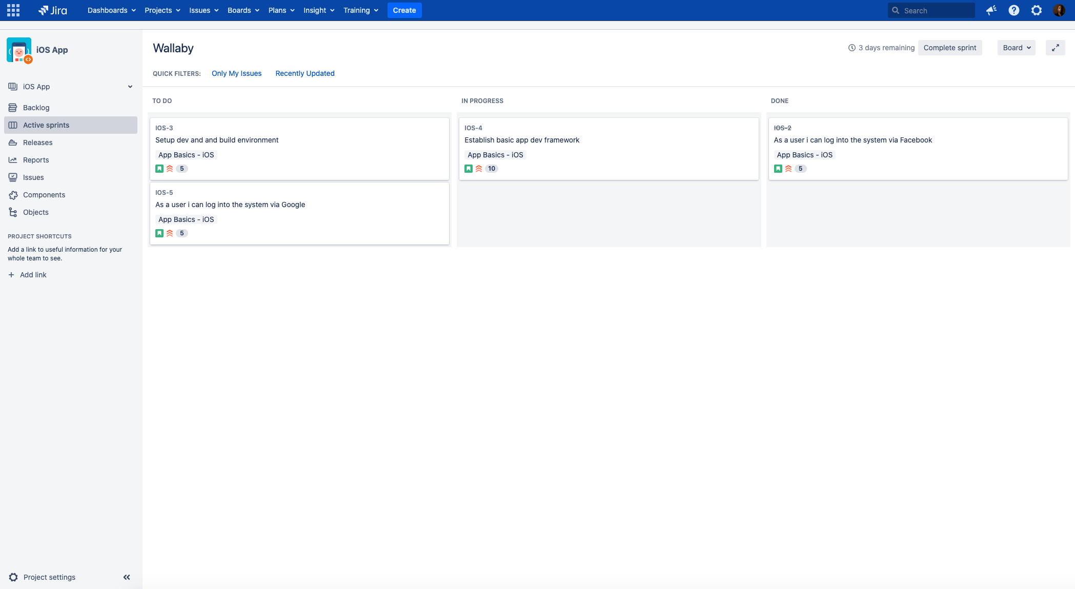 Visualização de sprints