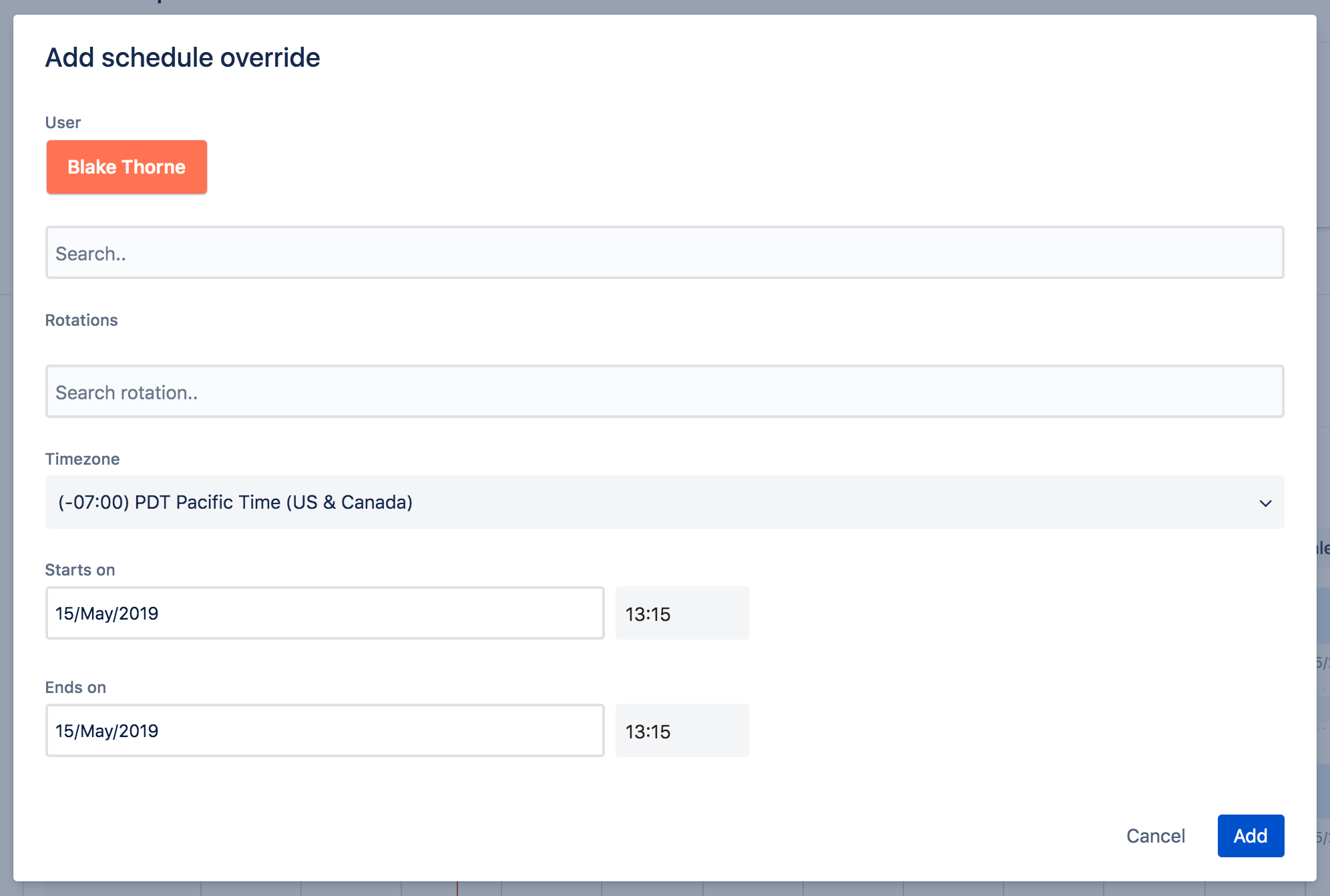 [dding scheduling override (スケジュール オーバーライドの追加)] をハイライトしたスクリーンショット