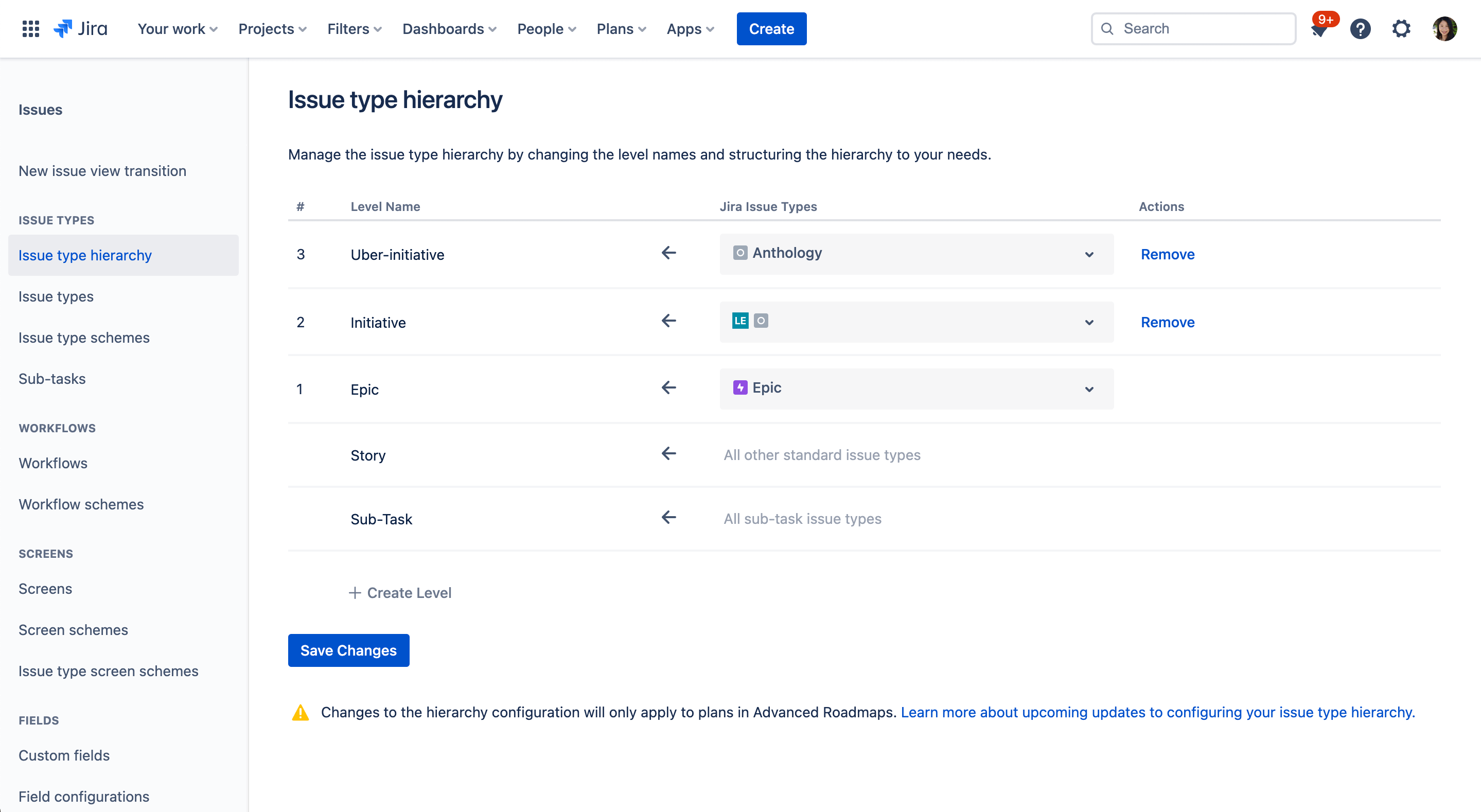 hierarchy in advanced roadmaps