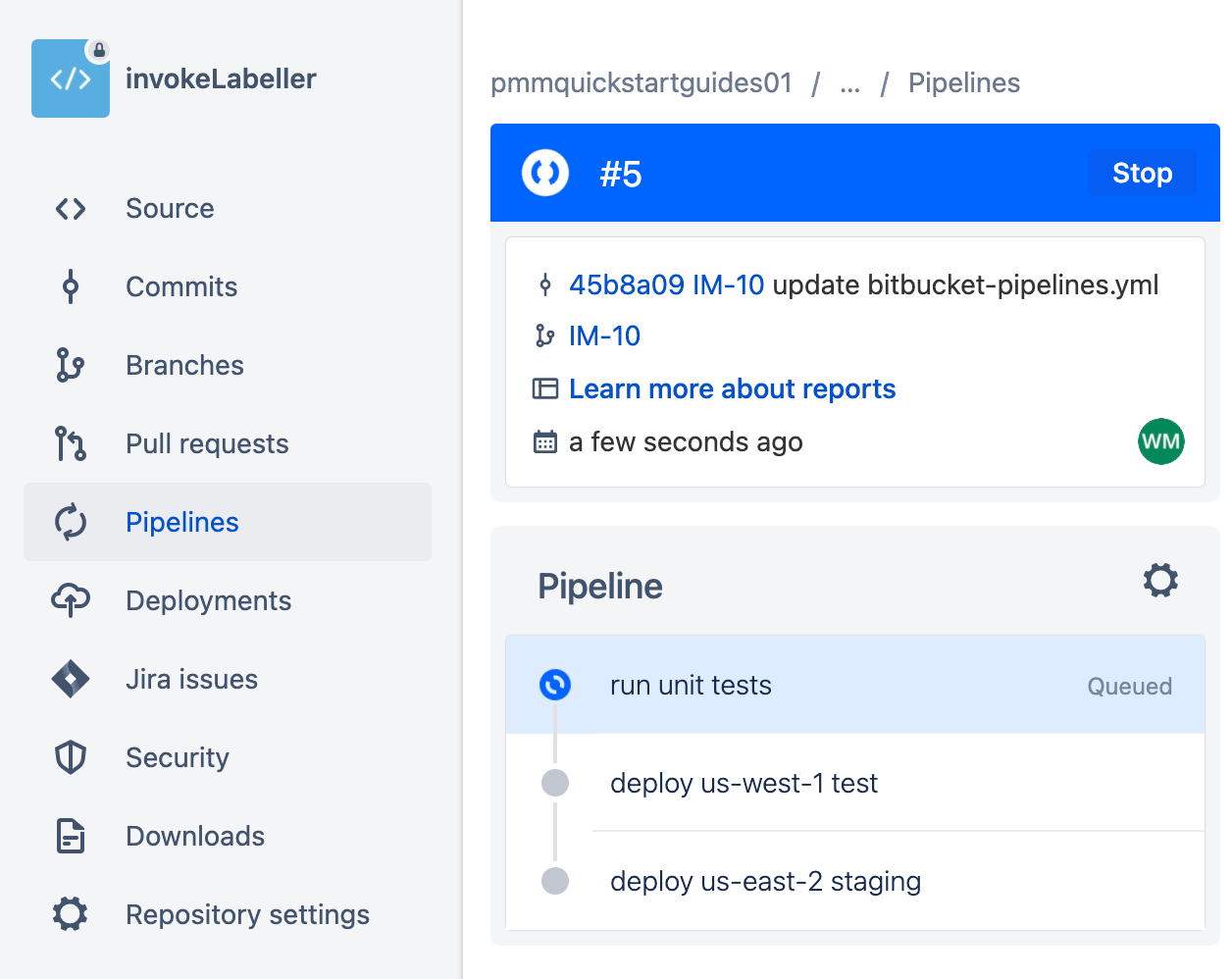 Visualizzazione delle pipeline in esecuzione in Bitbucket Cloud