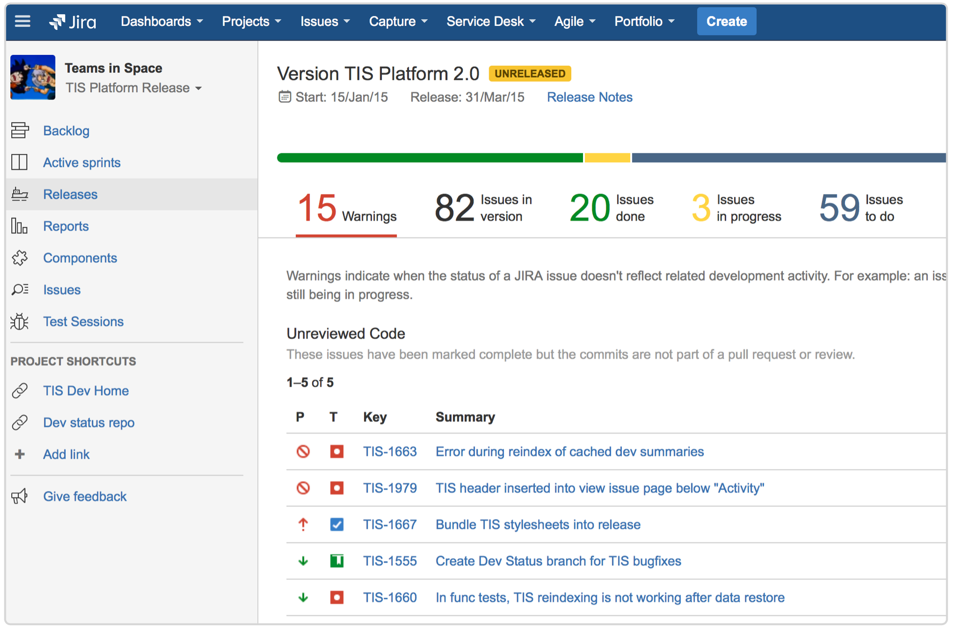 Jira release hub screenshot