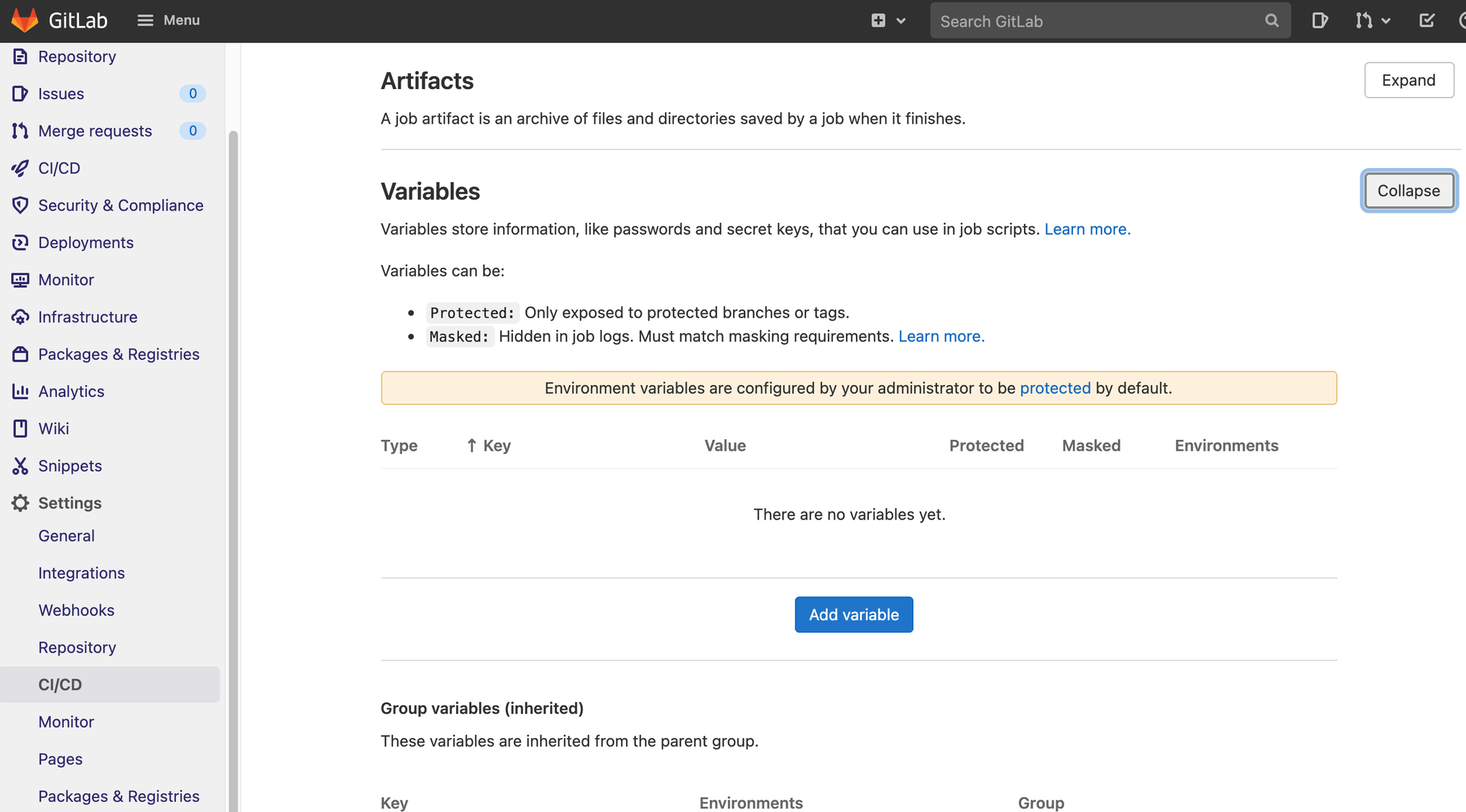 CI/CD settings page in GitLab