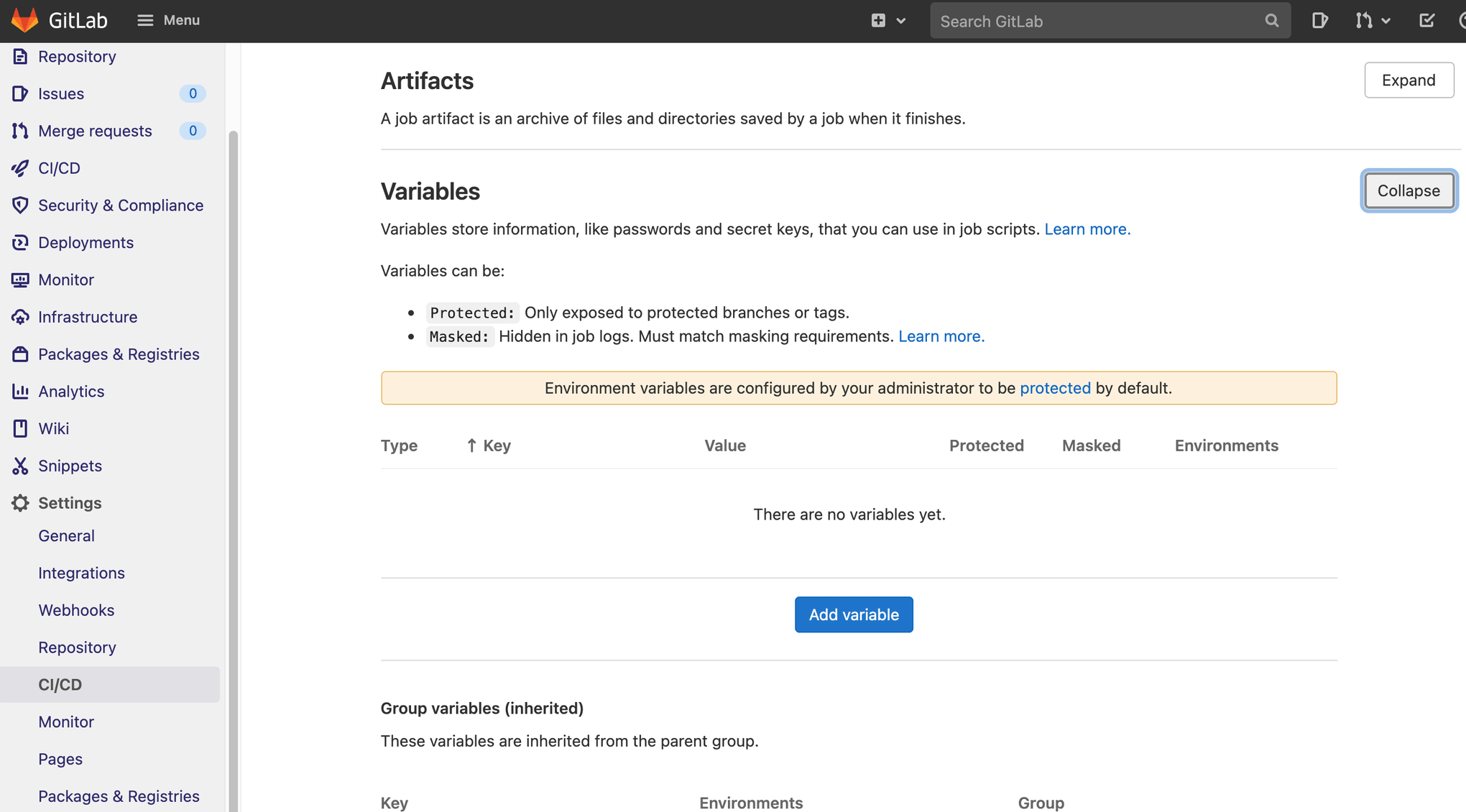 Página de configurações de IC/CD no GitLab