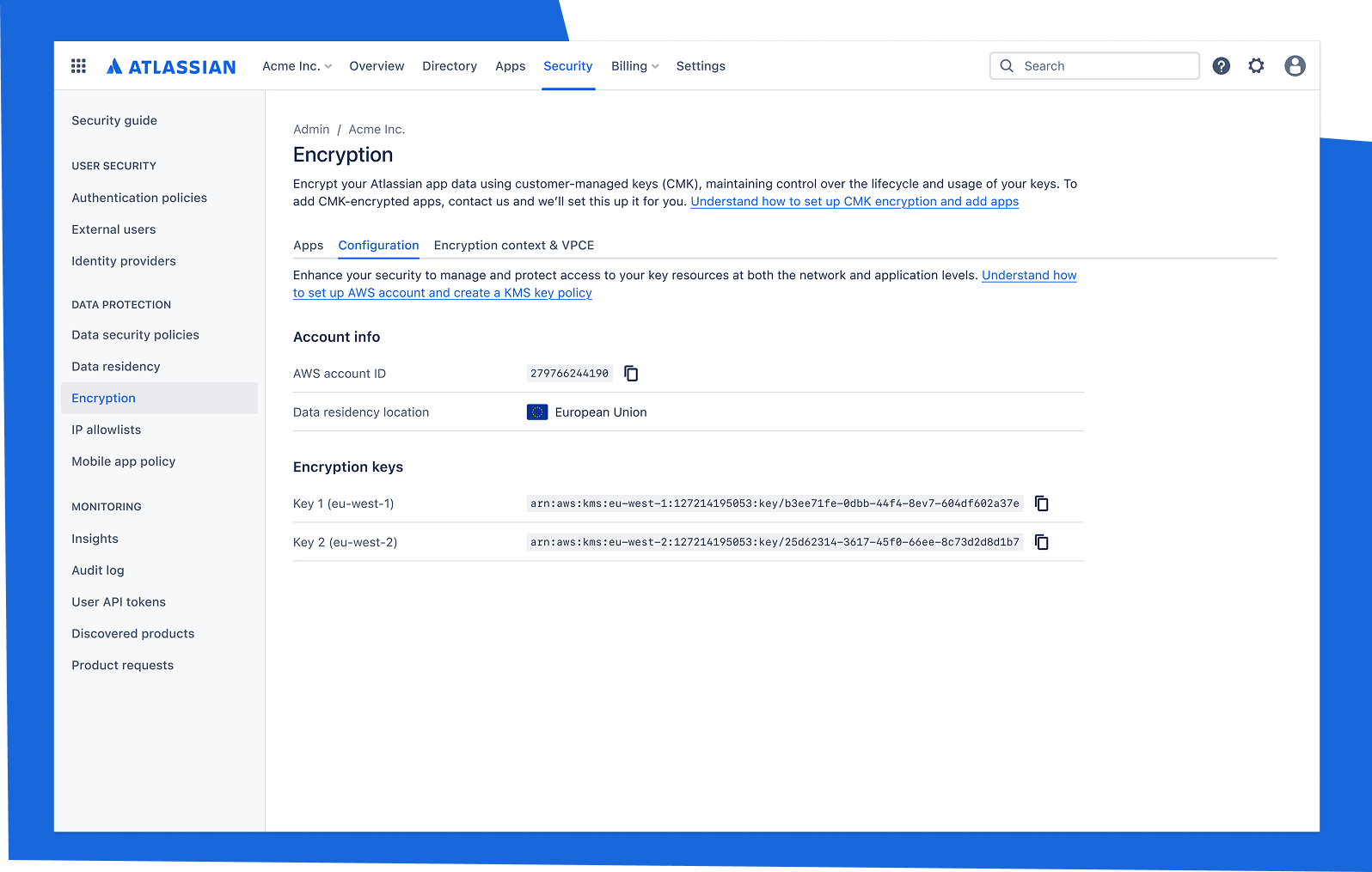 アカウント情報と暗号化キーが表示されている [暗号化] ページのスクリーンショット