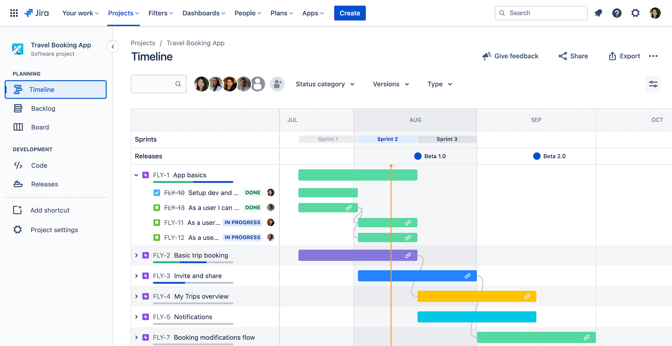 Screenshot della gerarchia della visualizzazione timeline.