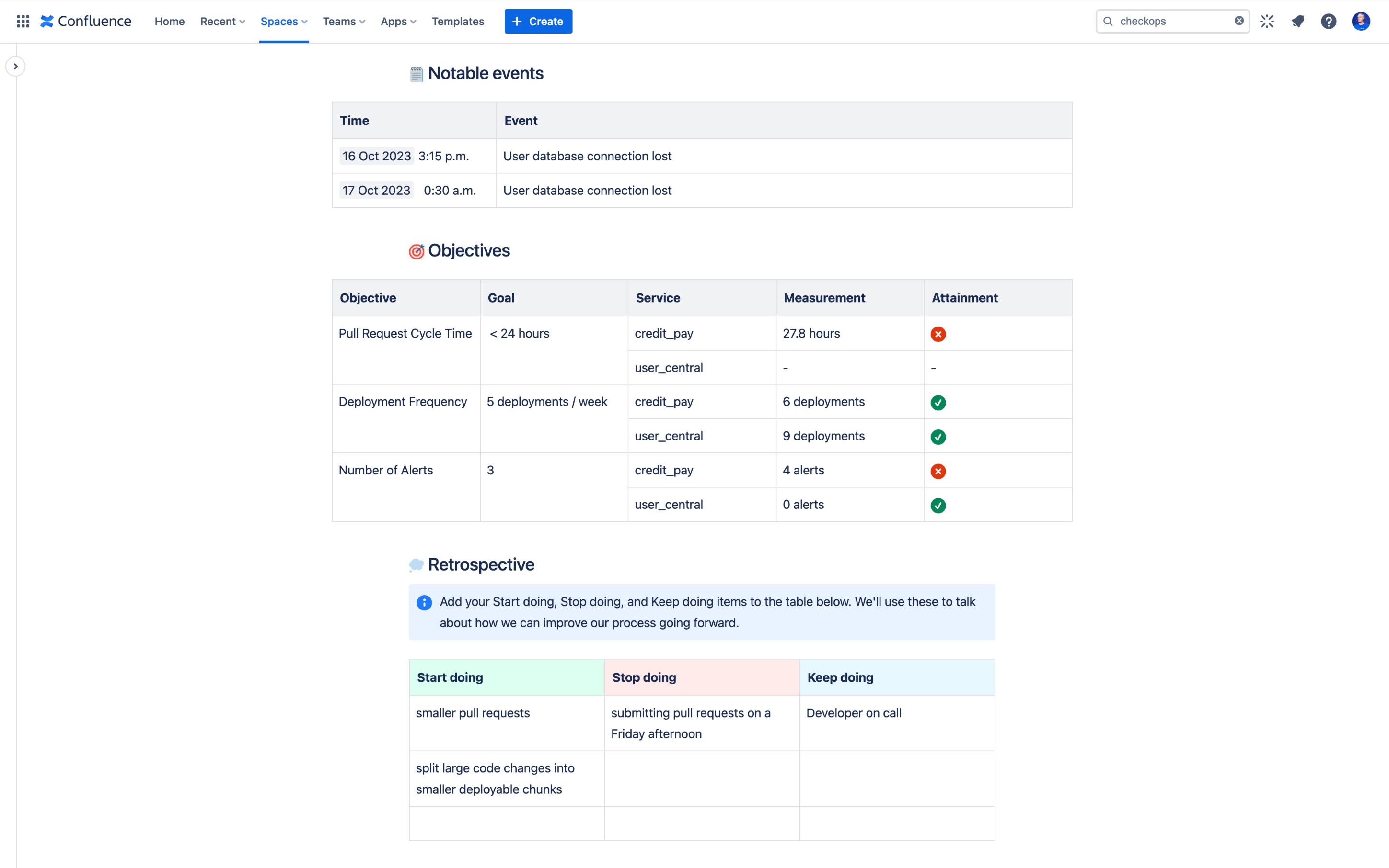 Un exemple de rapport CheckOps hebdomadaire contenant des métriques, des alertes et des actions planifiées.