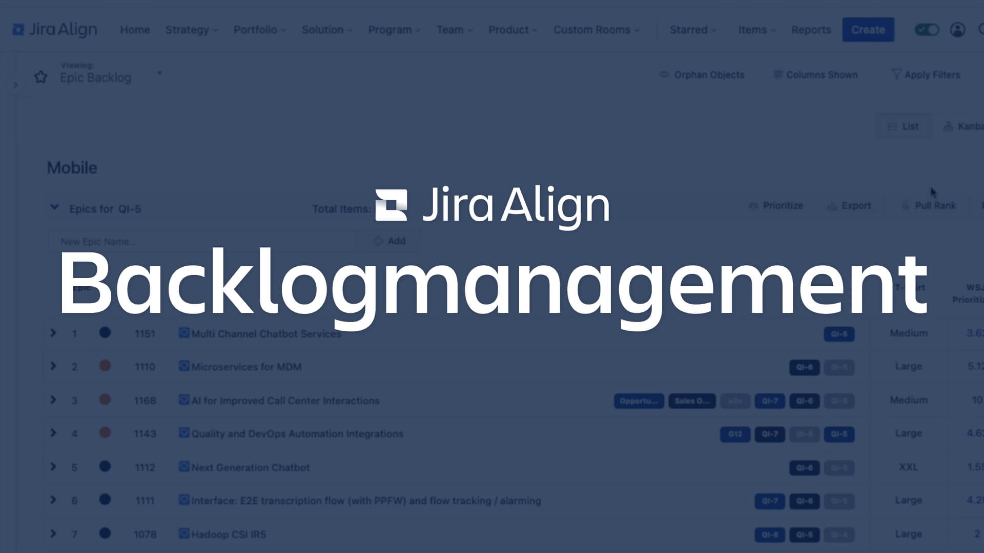 Bildschirm: Backlog-Verwaltung mit Jira Align