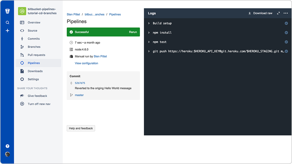 Captura de pantalla de una implementación de canalización correcta | CI y CD de Atlassian