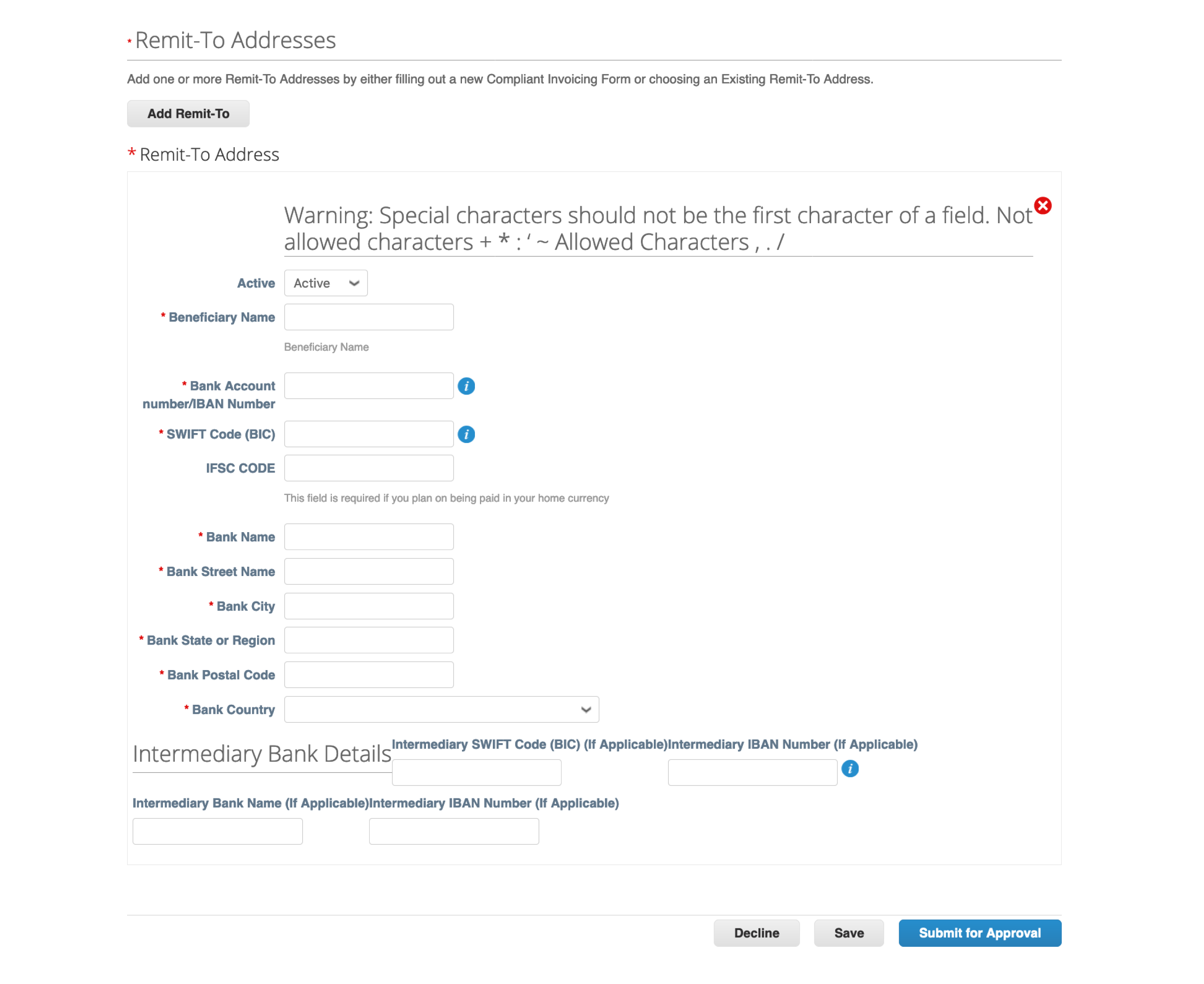 India Foreign Remit-To Address forms Coupa Supplier