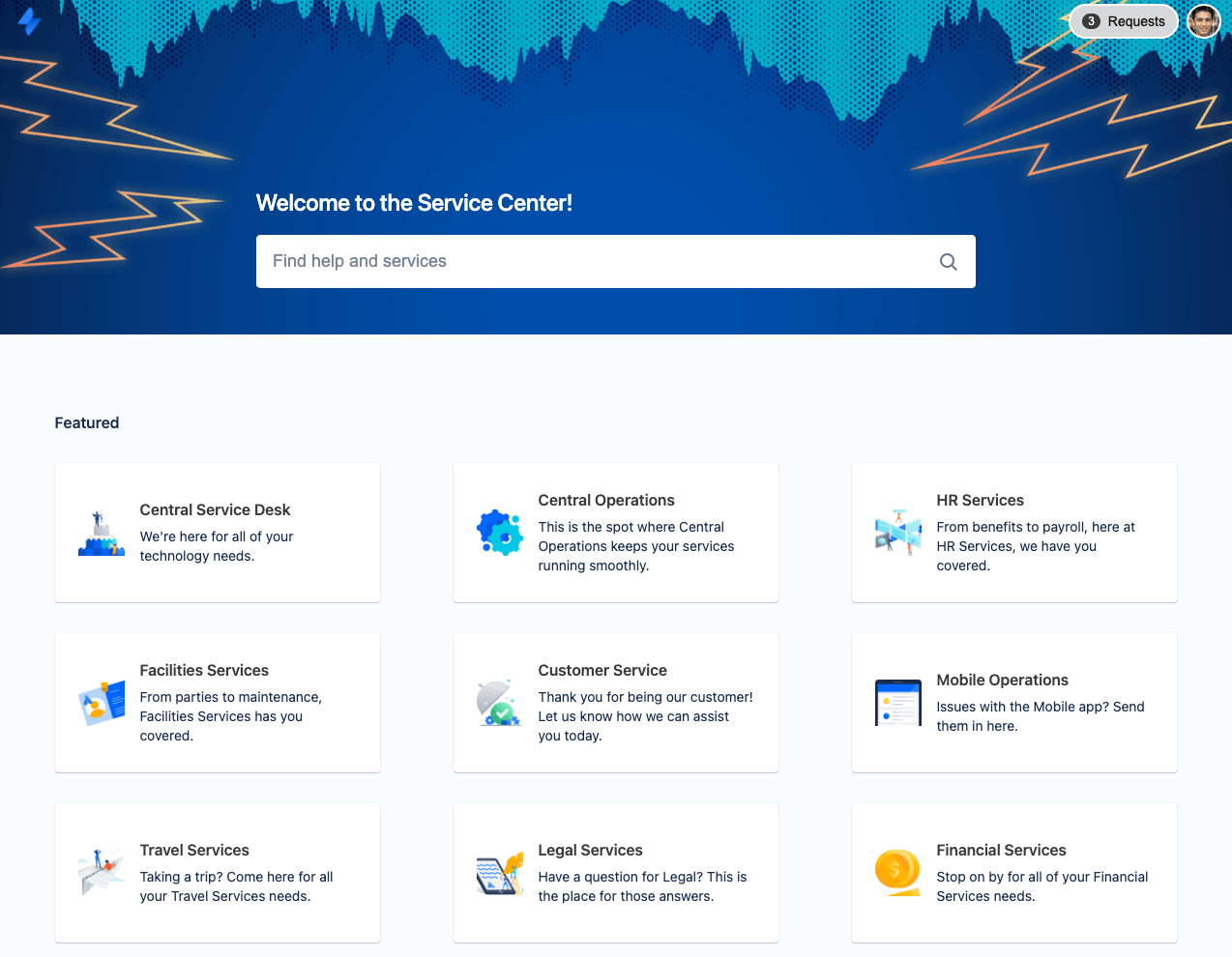 Jira Service Management 中的服务中心屏幕截图