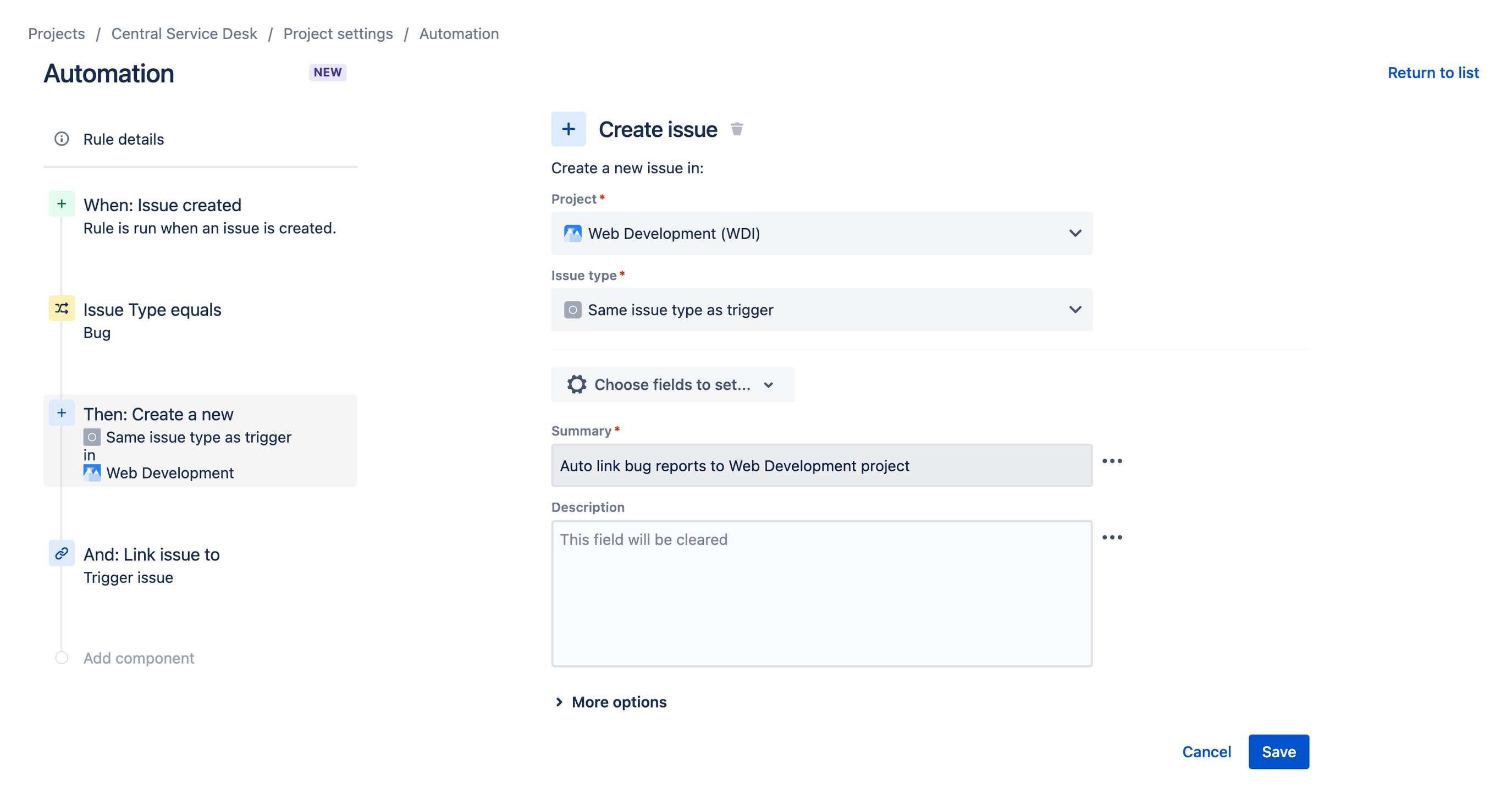 Crear una incidencia vinculada mediante la automatización entre Jira Service Management y Jira Software