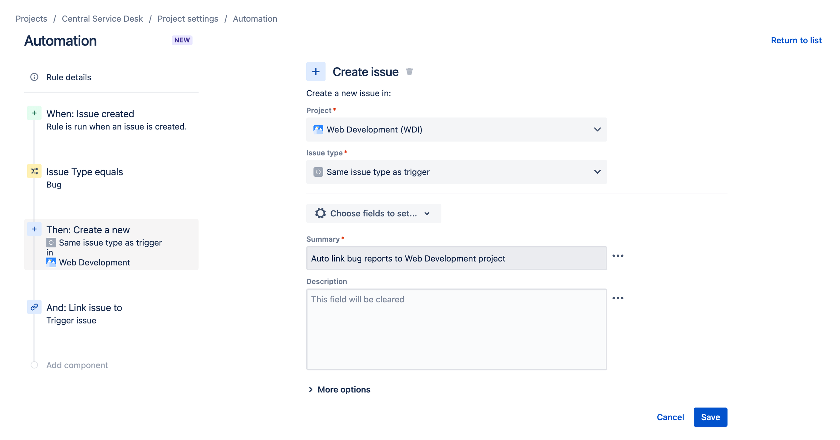 Creating a linked issue using automation between Jira Service Management and Jira Software