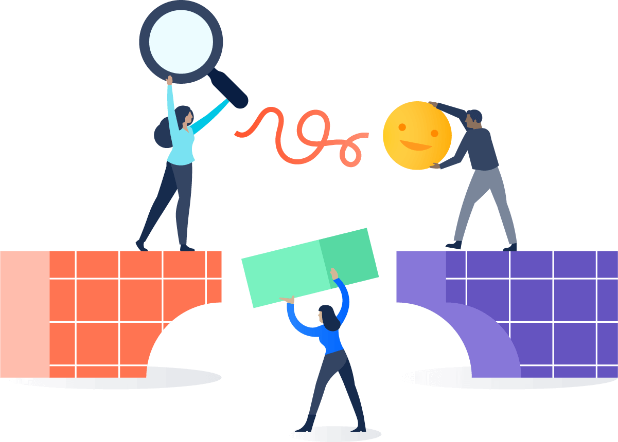 Illustration of people handing objects across a bridge