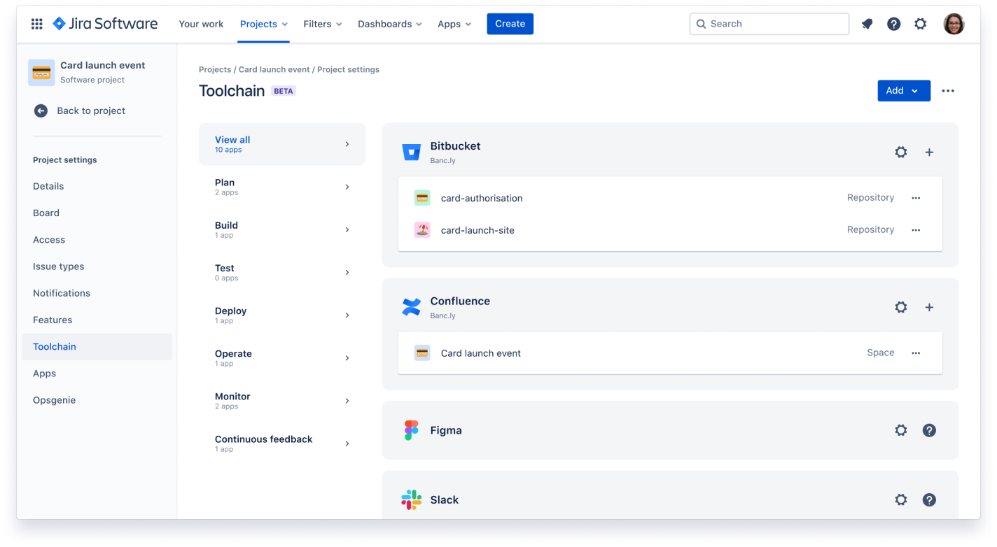 Schermata delle integrazioni della toolchain DevOps in Jira Software