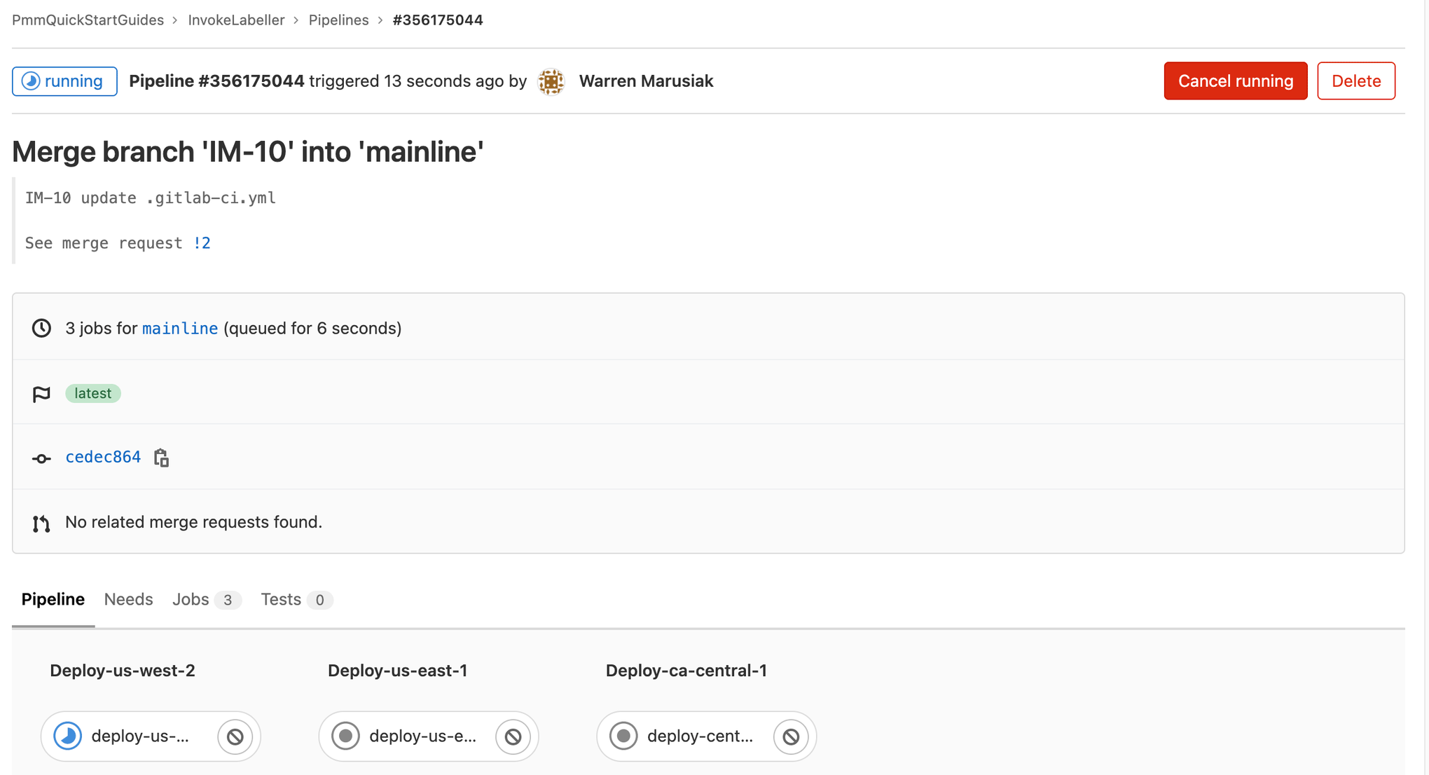 screenshot van de lopende productiepipeline in gitlab