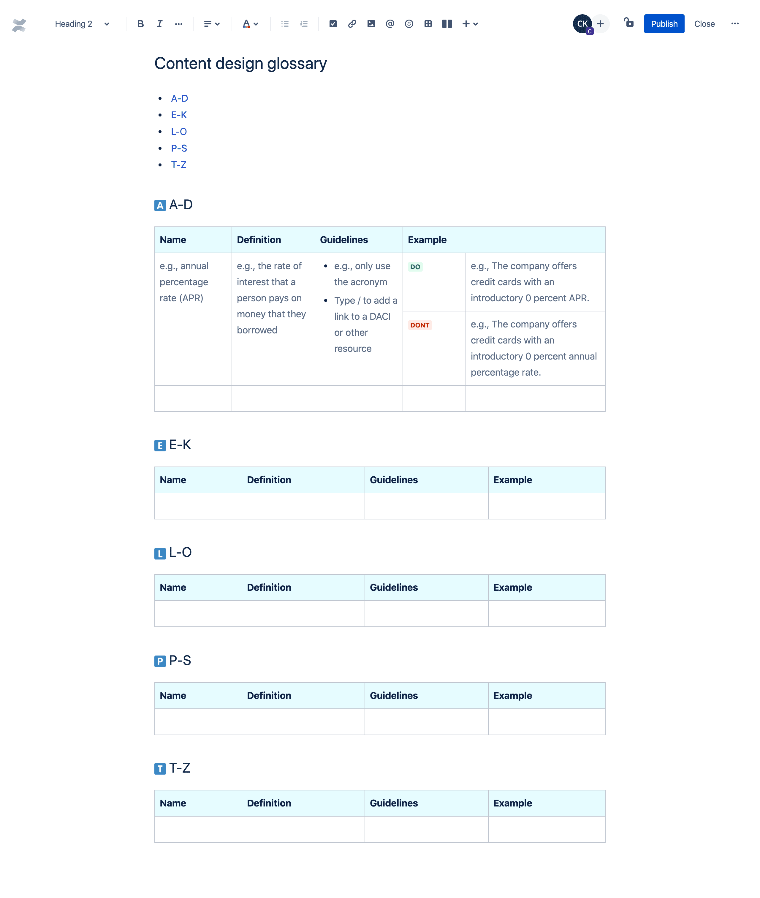 Content design glossary template Atlassian