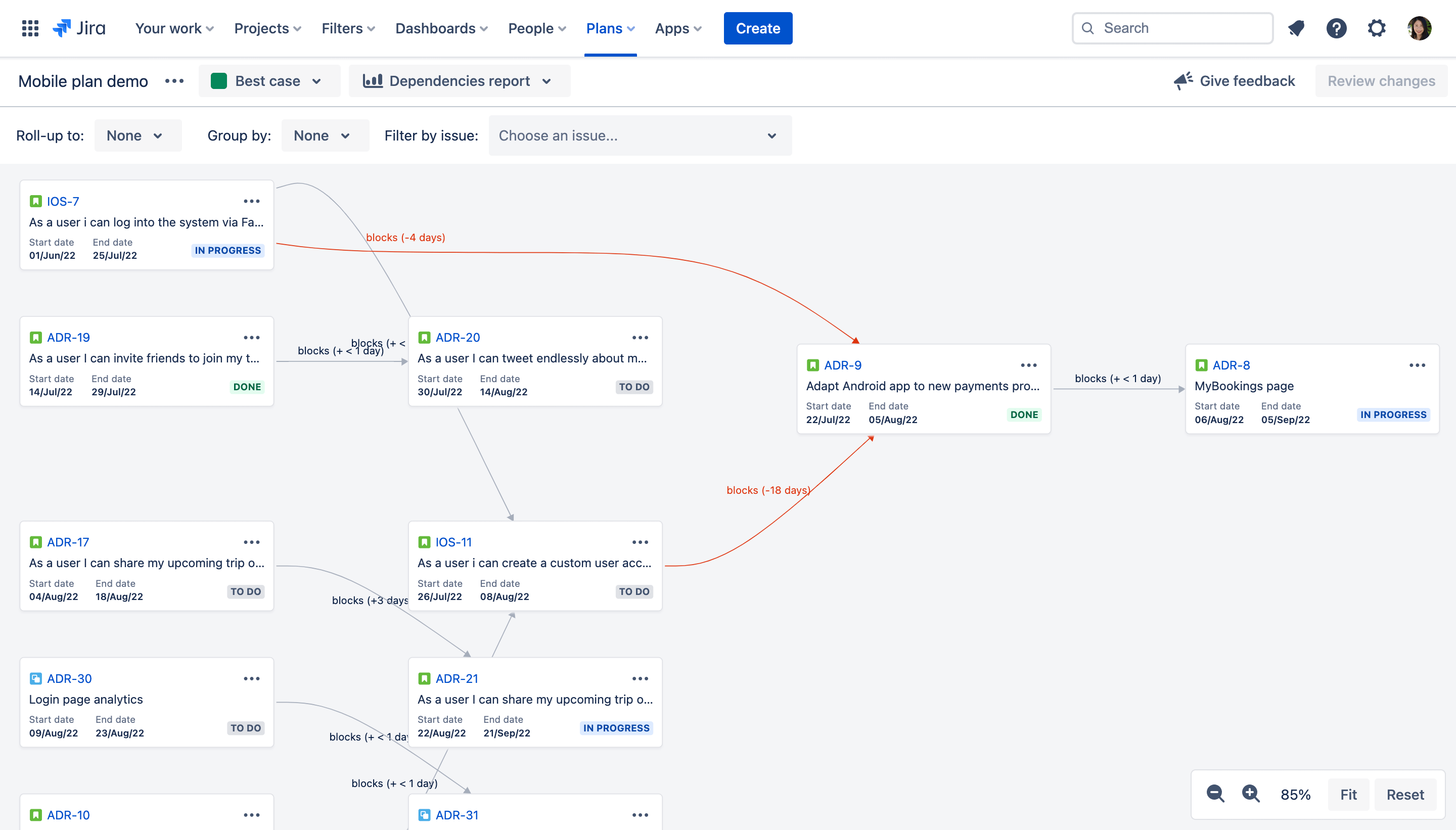 dependencies in advanced roadmaps