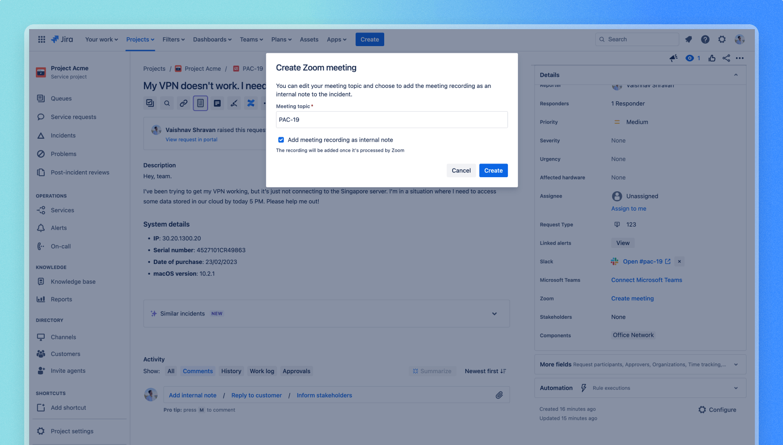 Starten eines Zoom-Meetings aus dem Vorfall heraus