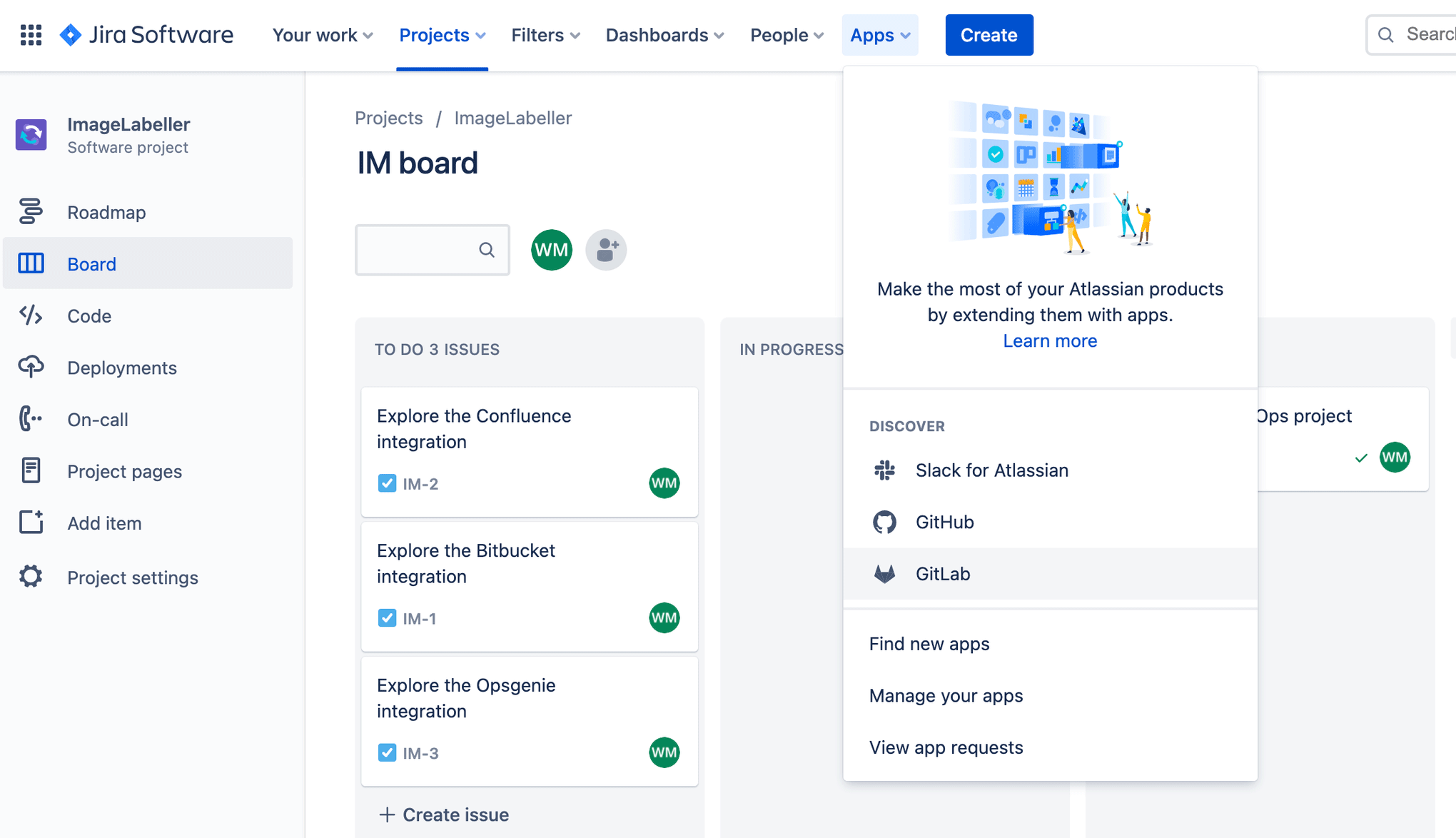 Capture d'écran du menu déroulant dans Jira Software pour accéder à GitLab