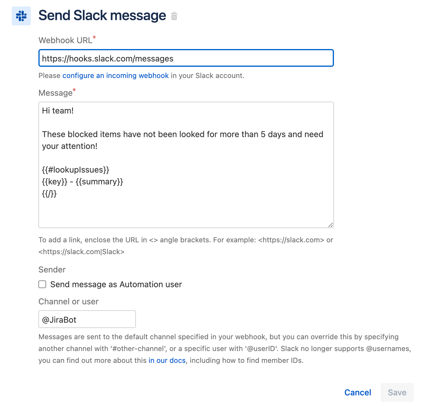 Enviar mensaje de Slack