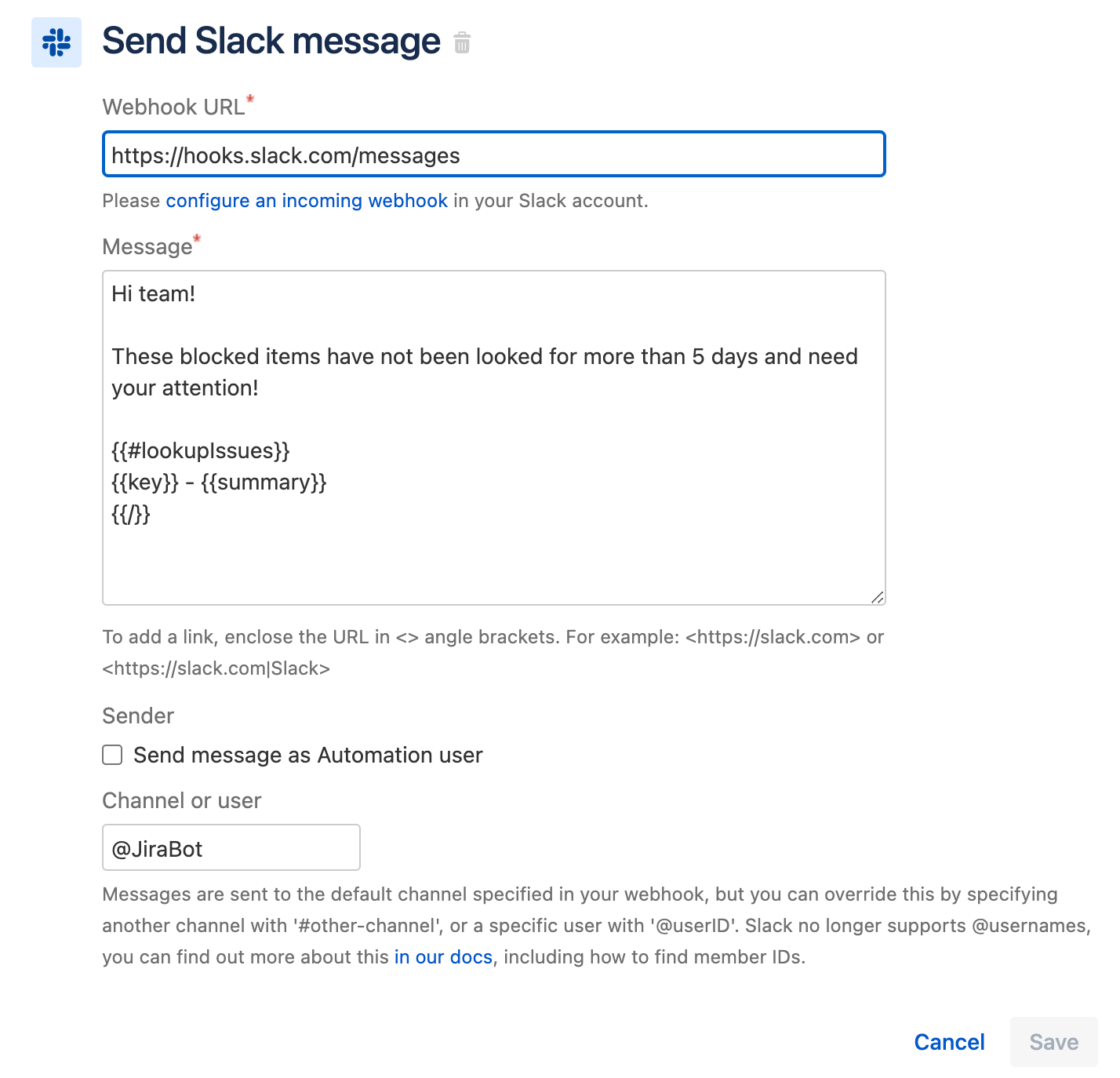 Invio di un messaggio Slack