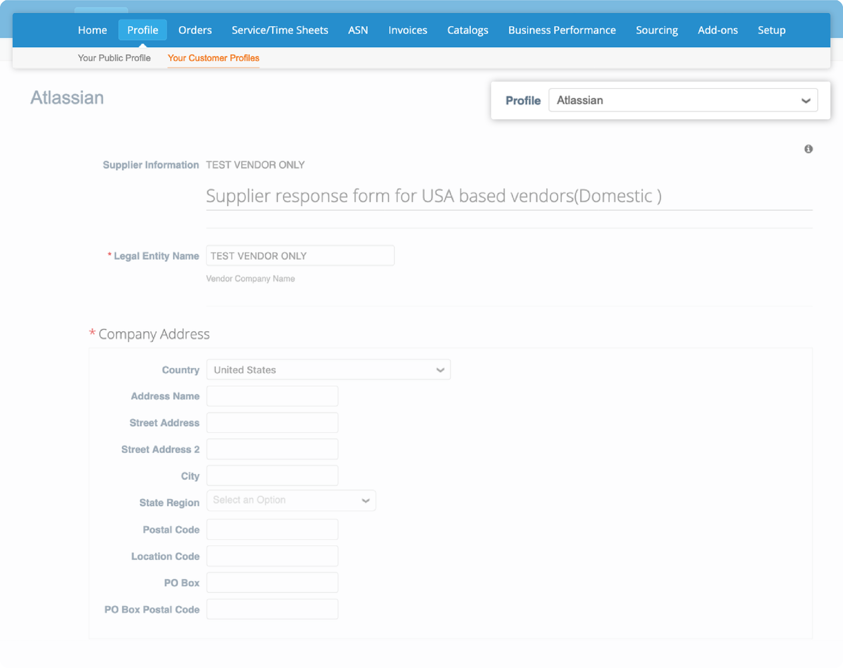 Making a customer profile under the profile tab on Coupa Supplier Portal