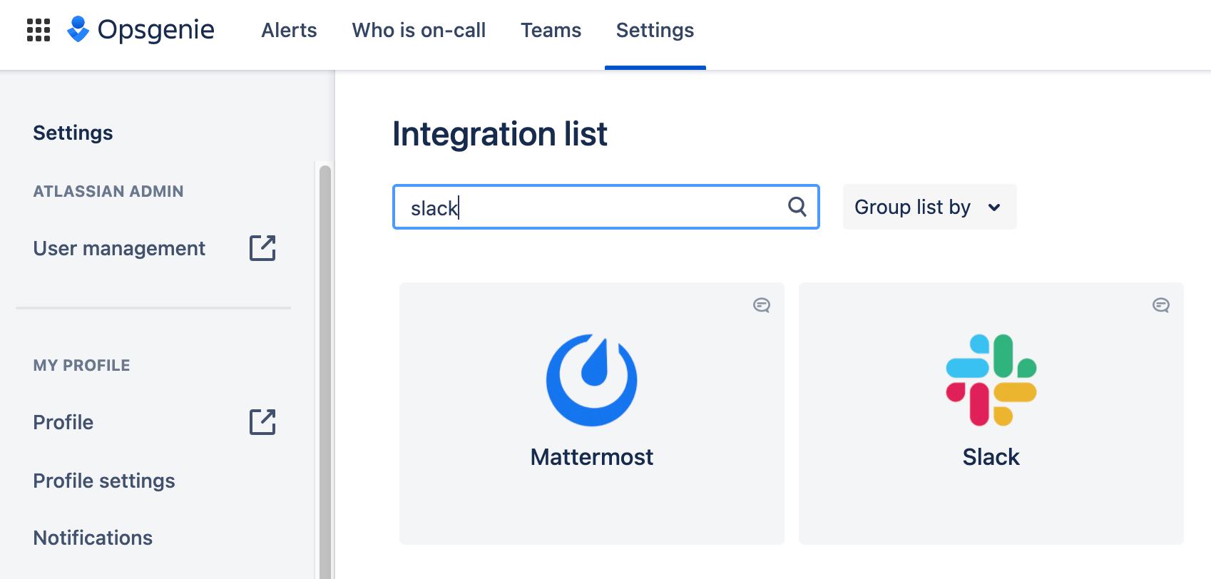 снимок экрана: добавление интеграции со Slack в Opsgenie