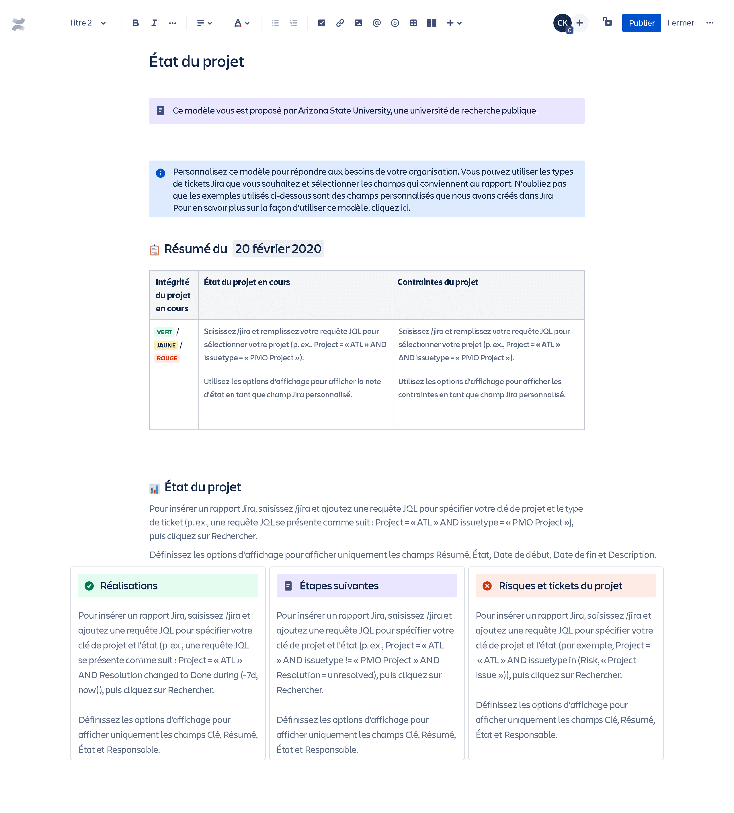 Modèle d'état du projet