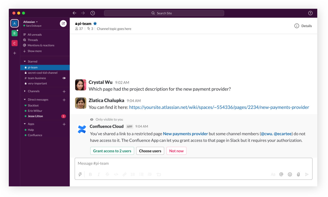 Concede acceso a Confluence a través de Slack