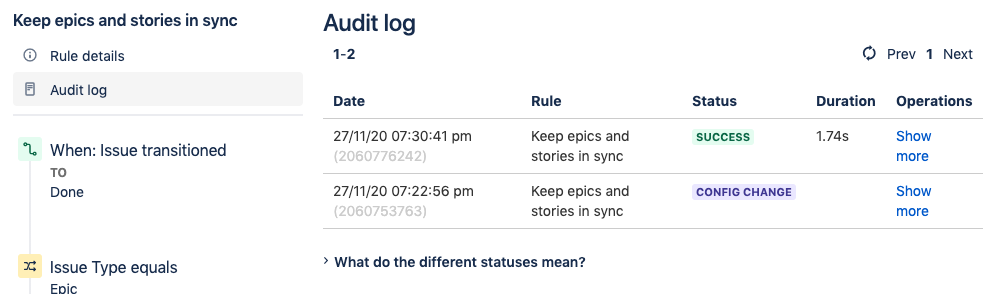 Log de auditoria para testar o Jira Rule Automation