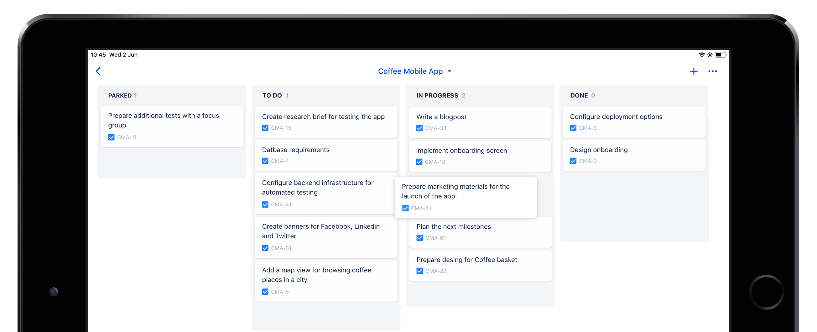 Schermafbeelding van Jira Server Mobile op een iPad