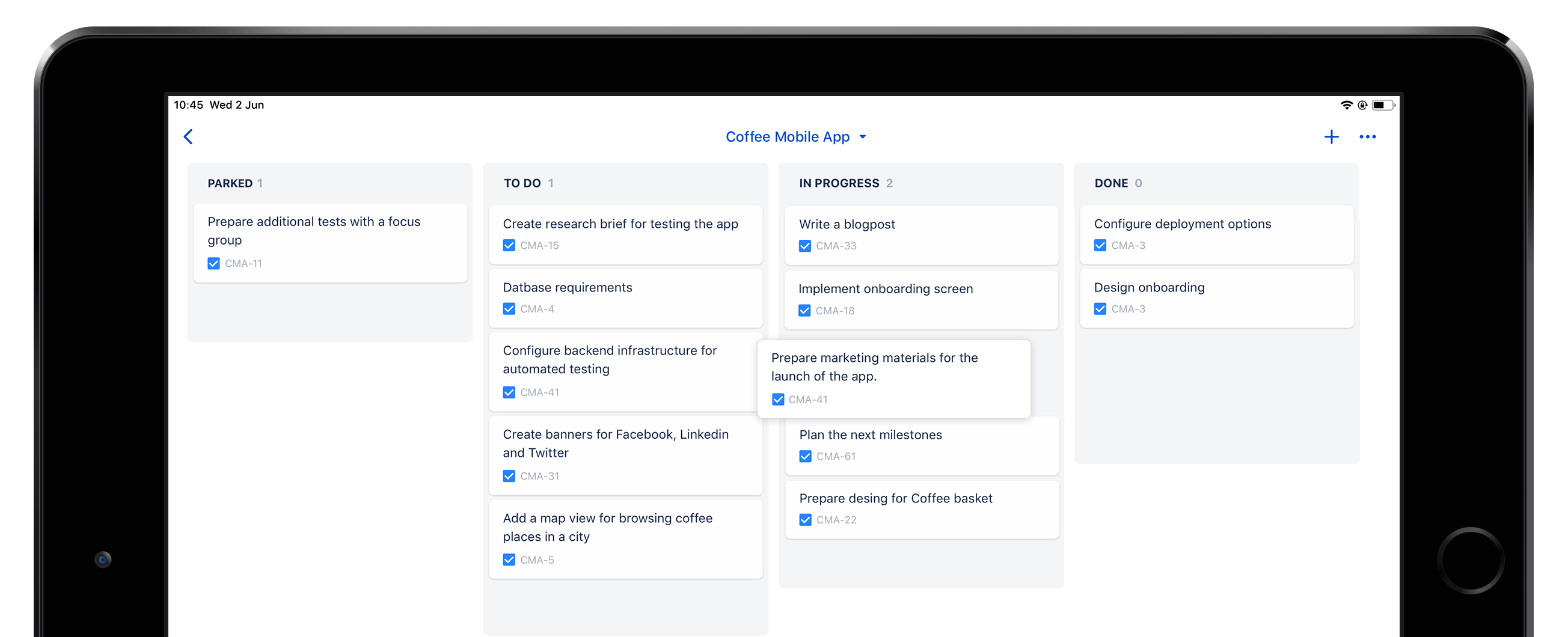 Zrzut ekranu aplikacji mobilnej Jira Server na urządzeniu iPad