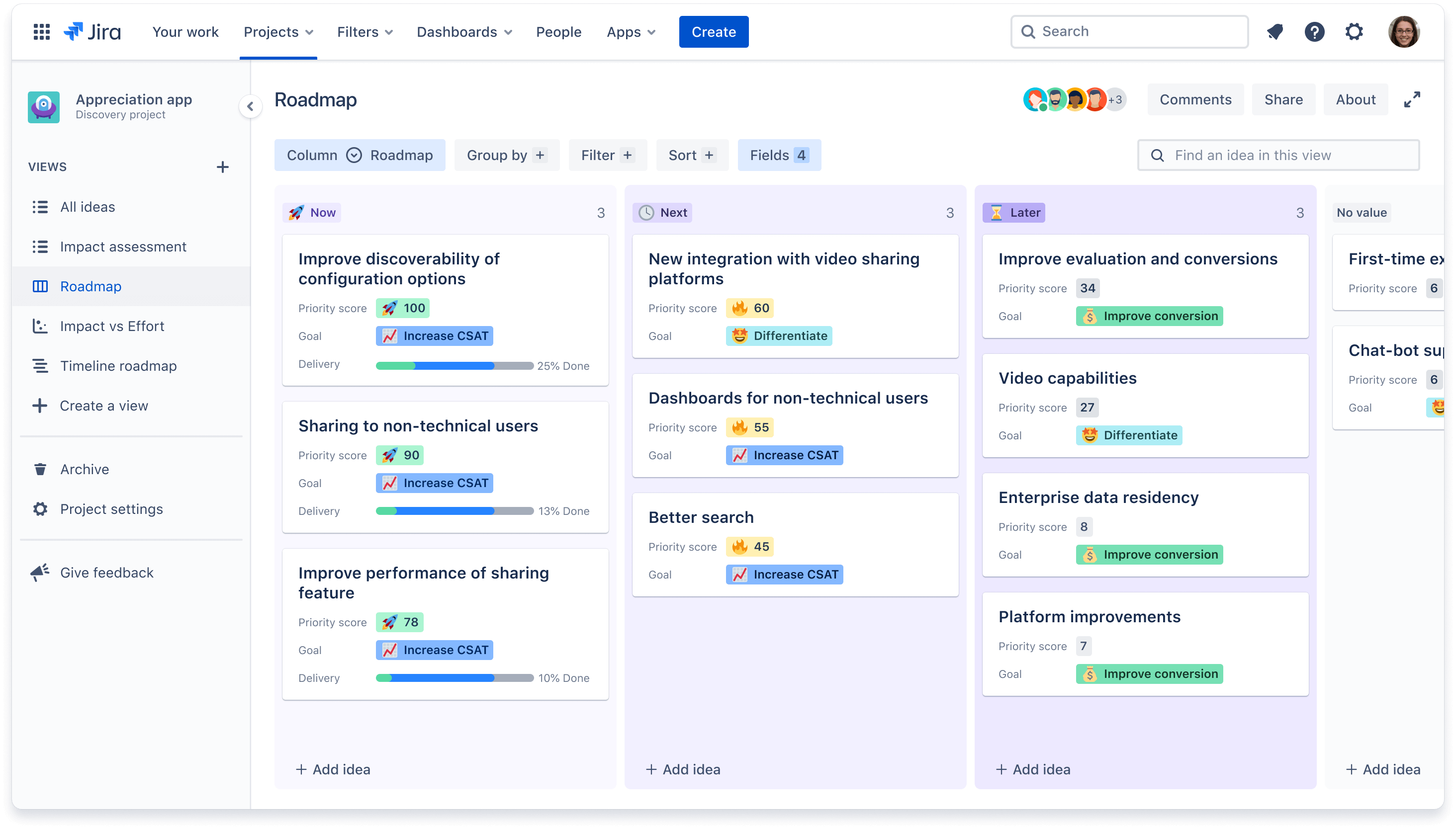 Product roadmap in Jira showing now, next, and later categories for ideas.