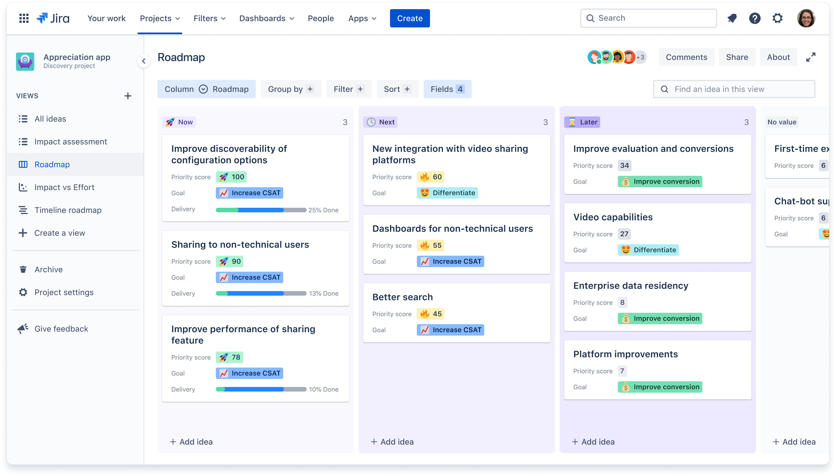 Дорожная карта продукта в Jira c категориями идей Now (Сейчас), Next (Далее) и Later (Позднее).