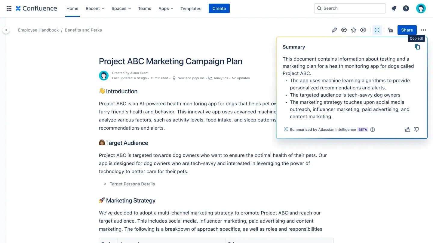 Atlassian AI summary feature.