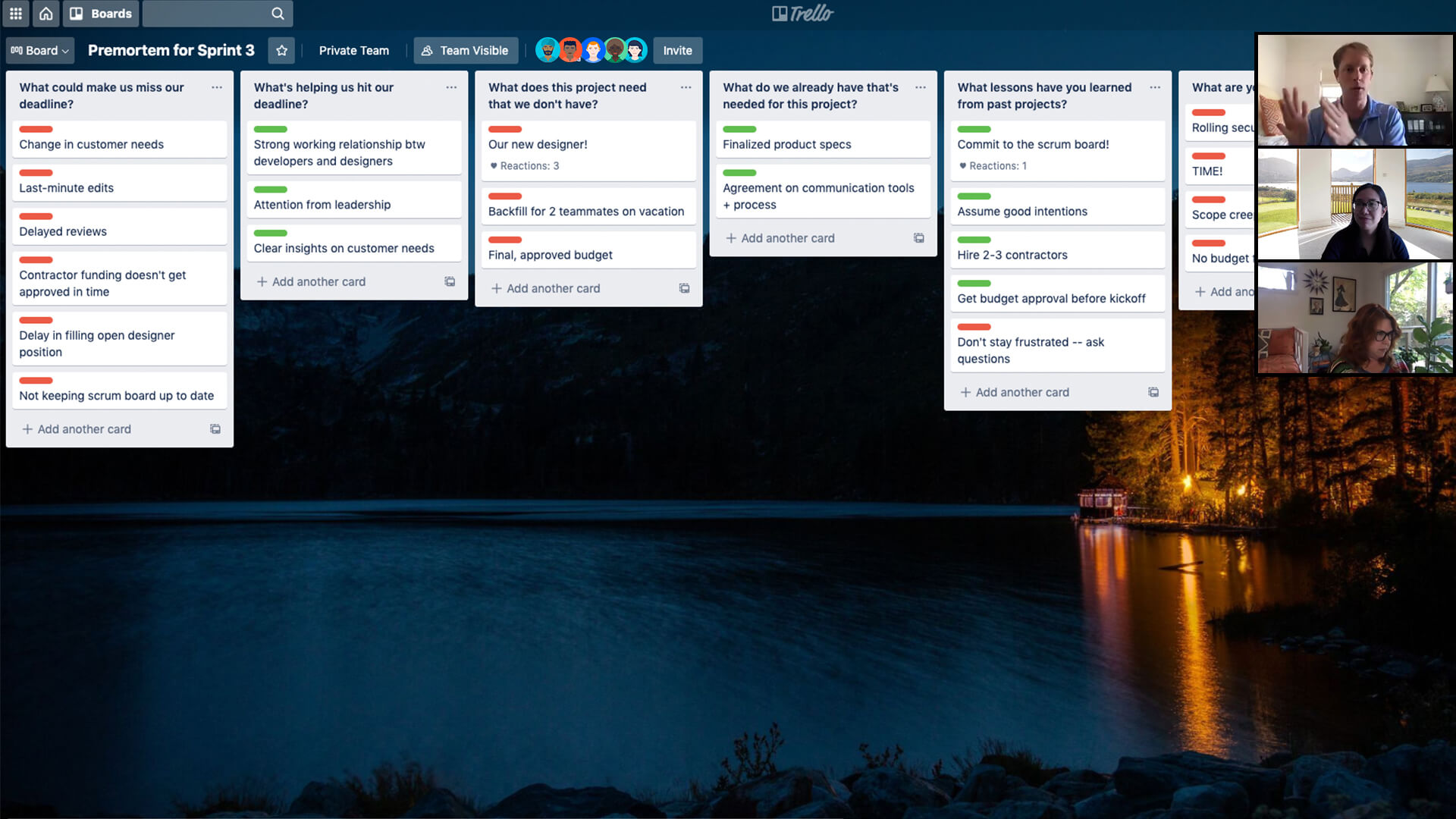 Trello ボードについて話し合っているチーム メンバー