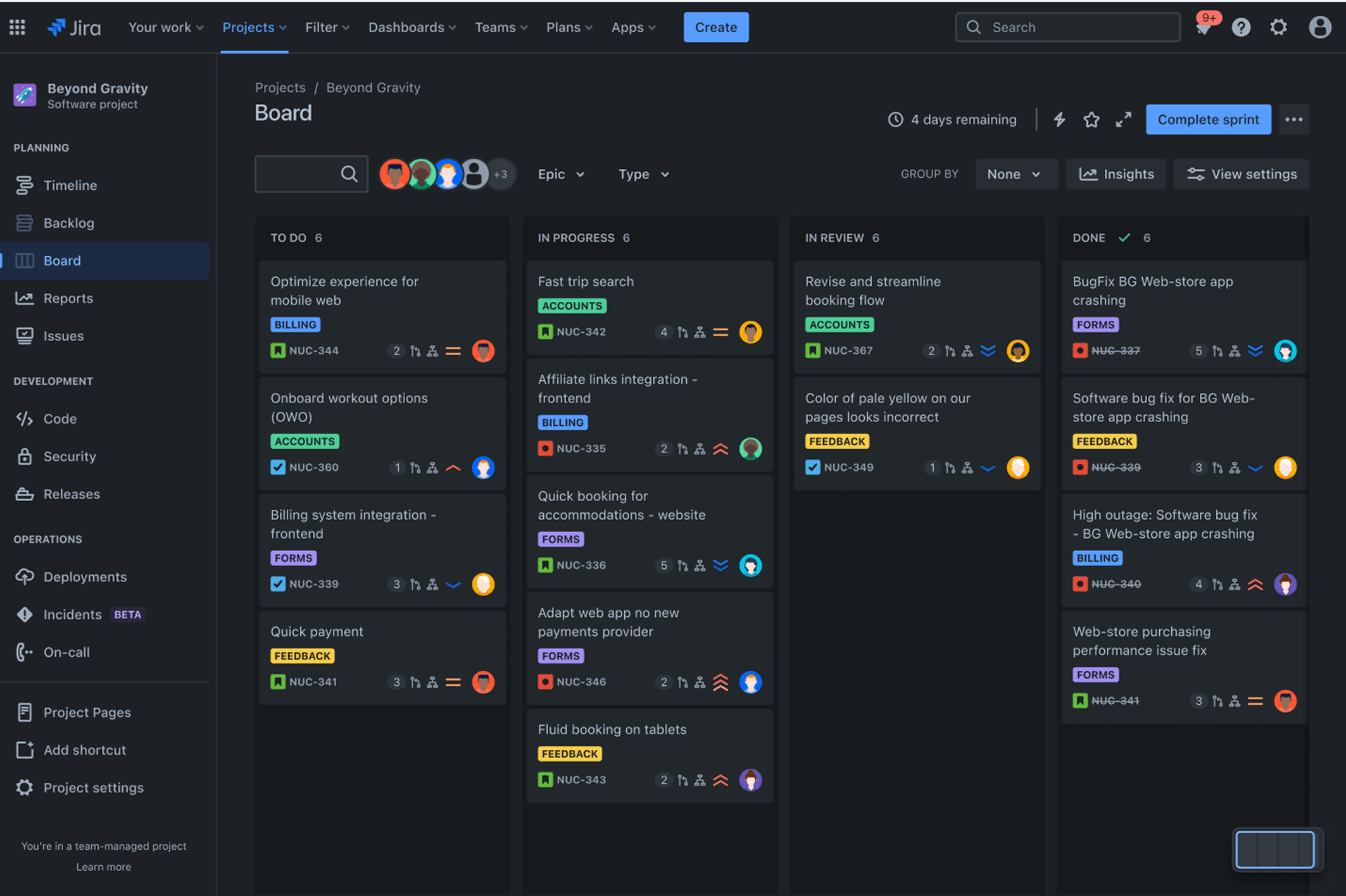Scrum board in darkmode screenshot.