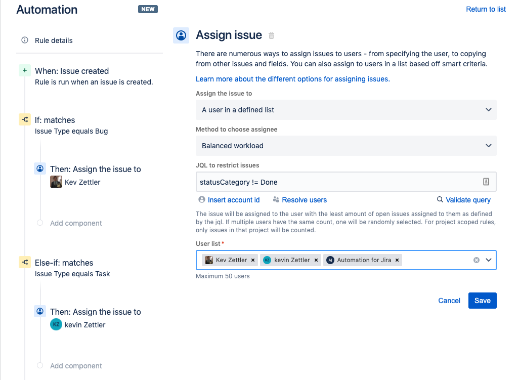Настройка действия Assign issue (Назначить задачу) для автоматического назначения задачи пользователю из списка.