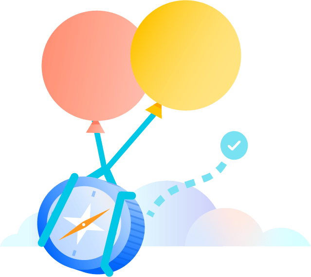 Illustrazione di una bussola fissata a palloncini che si muovono verso alcuni edifici