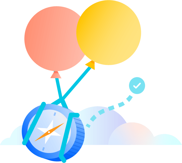 Ilustración de una brújula atada a globos que vuelan hacia edificios