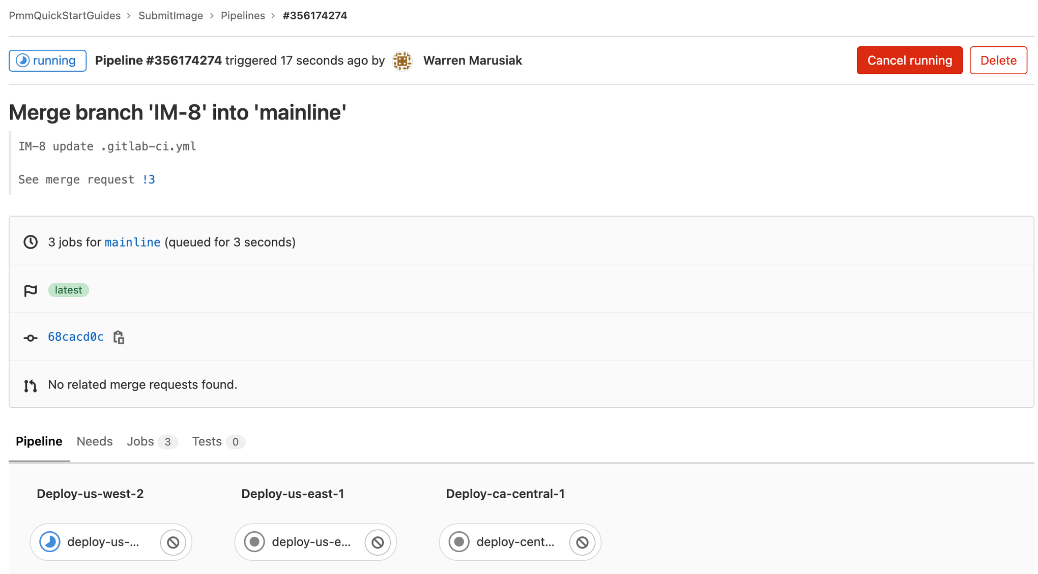 在 gitlab 中运行生产管道的屏幕截图