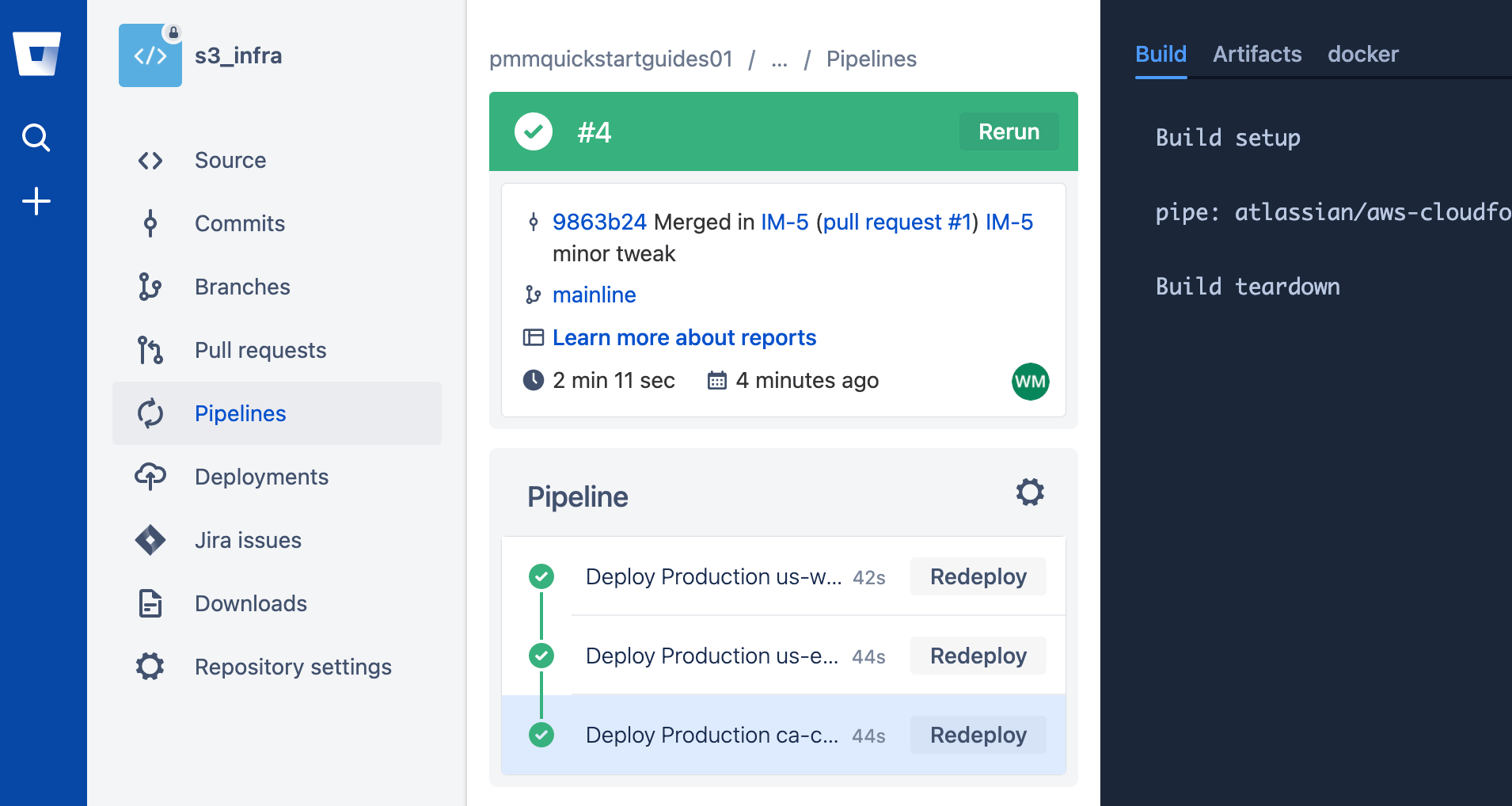 Bildschirm mit der "mainline"-Branch-Pipeline in Bitbucket
