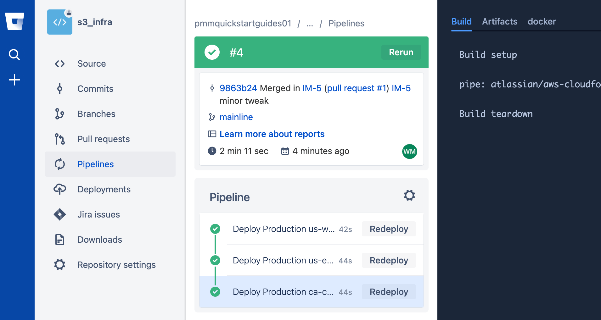 Tela do pipeline de ramificações da linha principal no Bitbucket