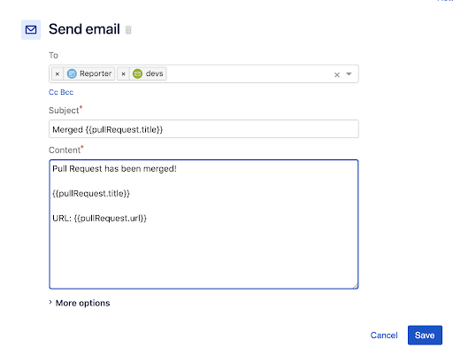 Jira automation rule to transition issues Step 4: Add Send Email action